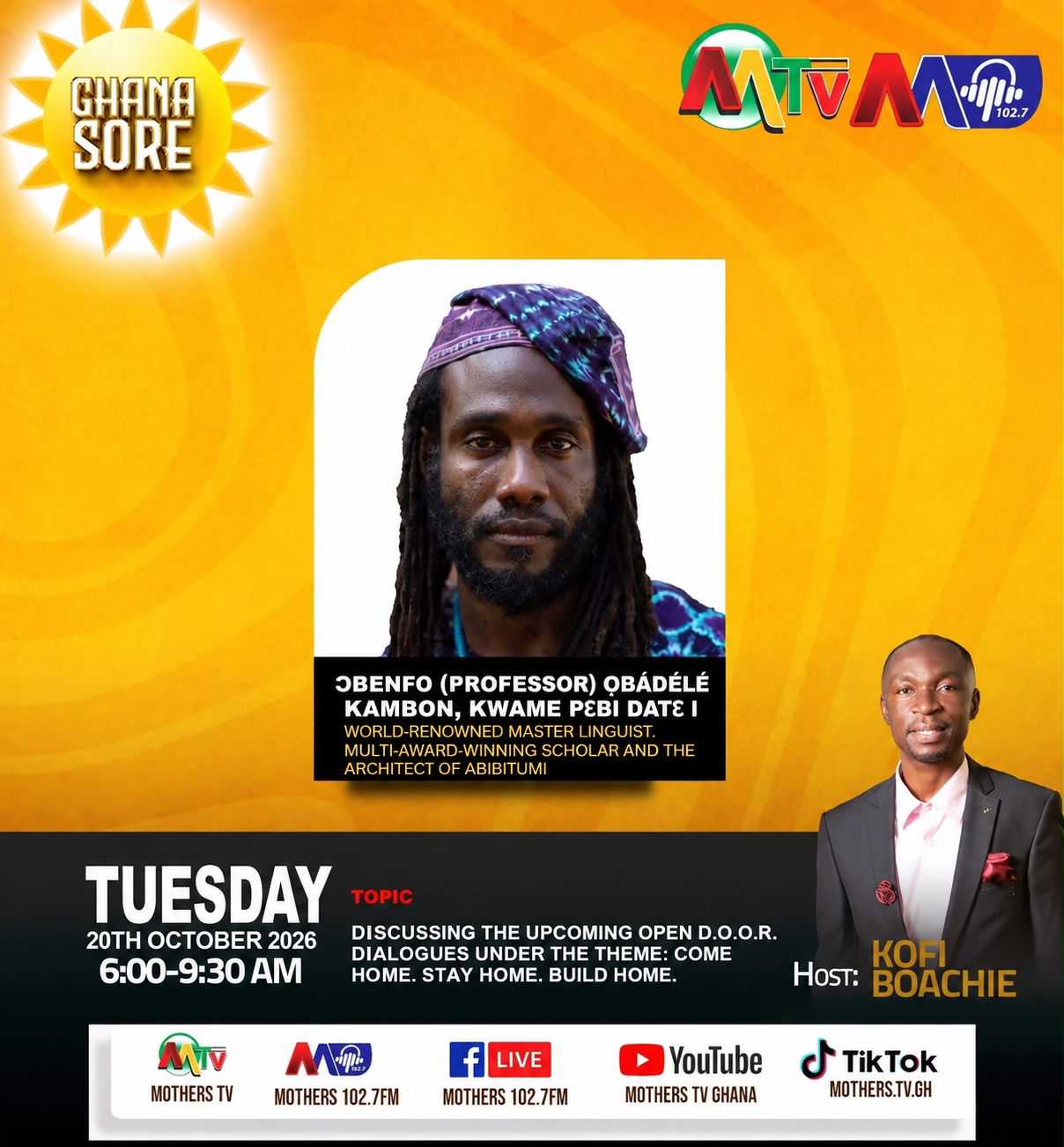 You are currently viewing Tune in: Ɔbenfo Ọbádélé Kambon on Ghana Sore — Tuesday, 20 October